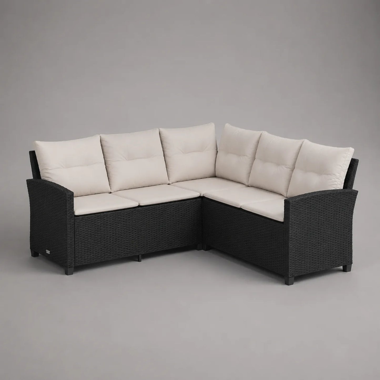 Ecksofa aus Polyrattan mit Stahlrahmen und Polyesterkissen, Schwarz und Cremeweiß