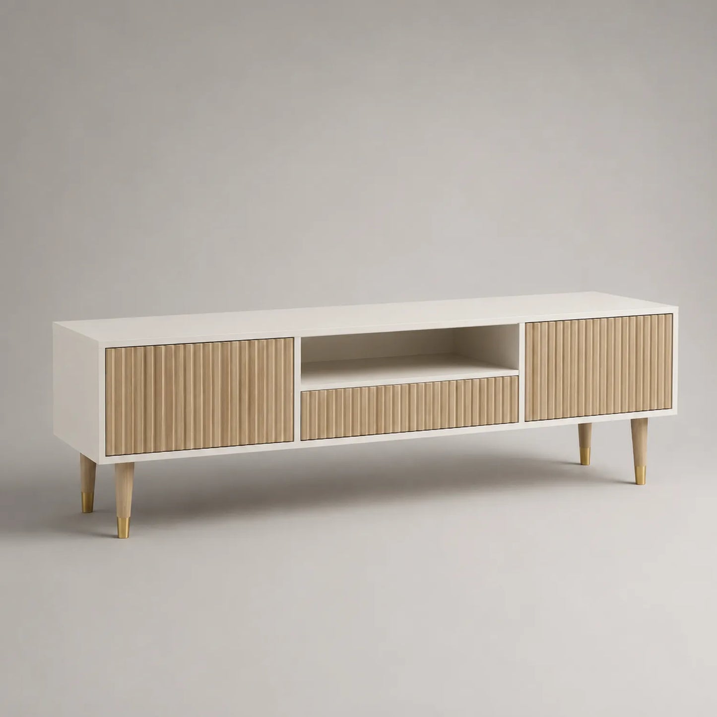 TV-Möbel aus MDF und Eichenholz 150x40x50cm Weiß und Natur