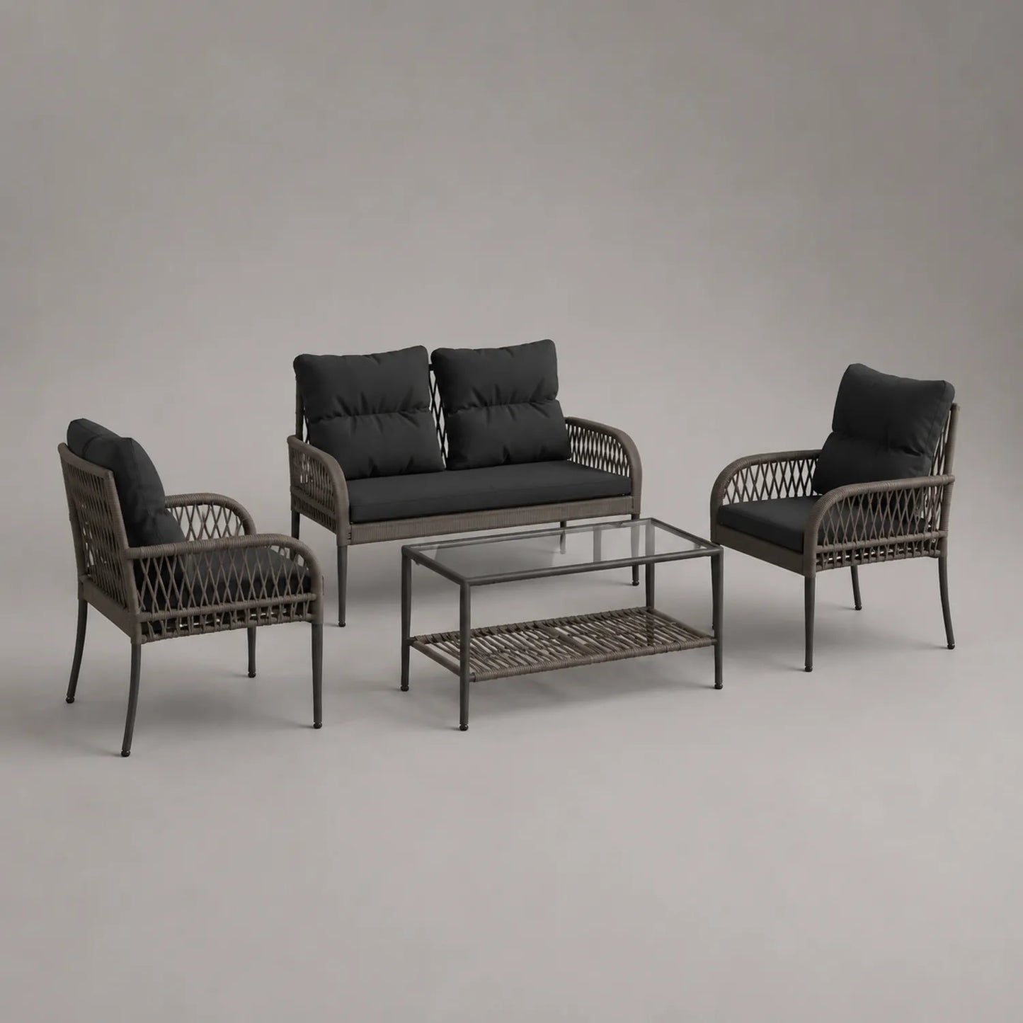 Metall Gartenmöbel-Set mit Glas und Polyesterkissen Braun/Schwarz 4-teilig