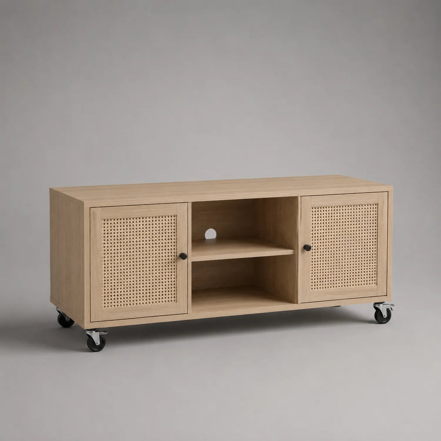 TV-Schrank aus Eichenholz und Rattan mit Rollen 120x40x55 cm natur