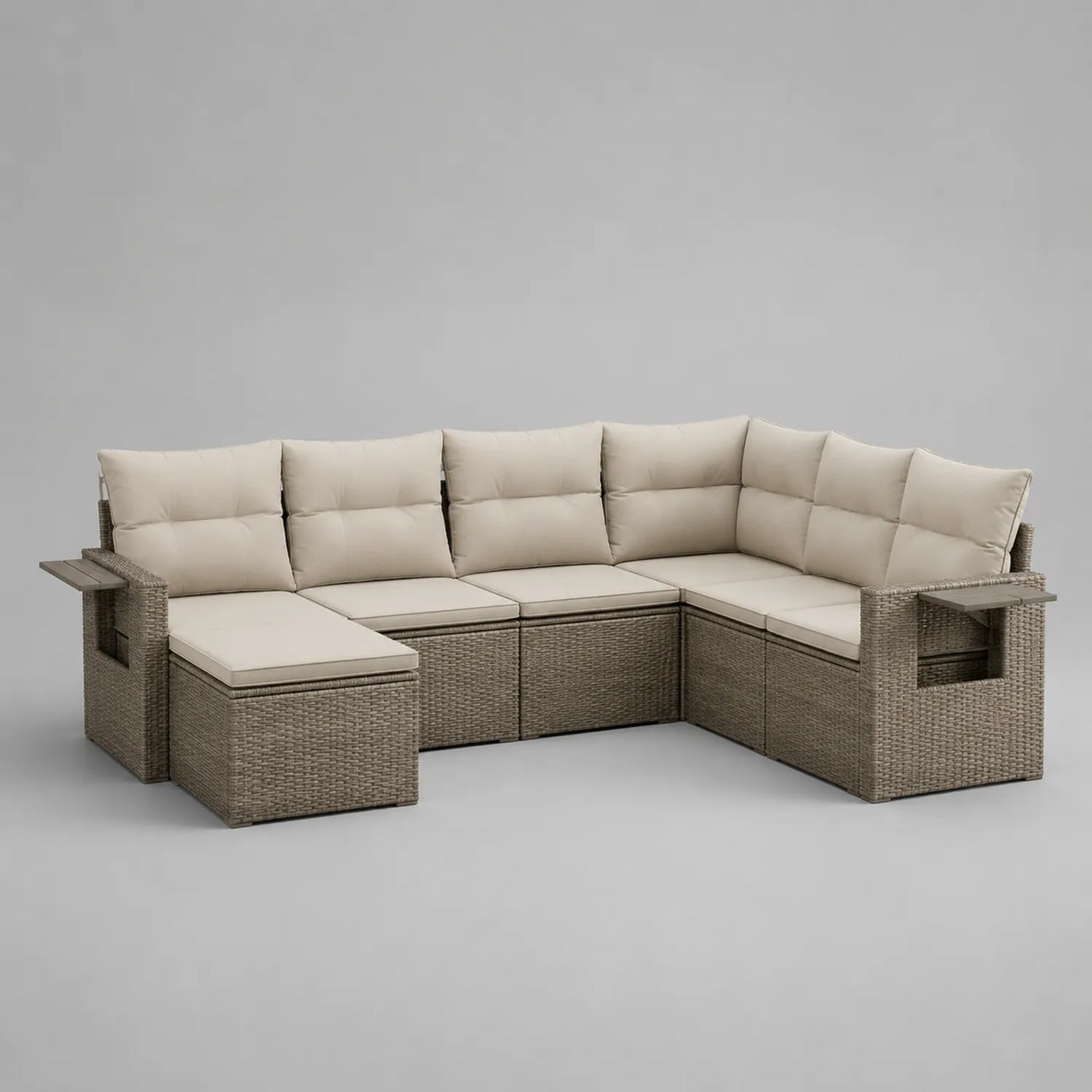 Rattan Ecksofa Set mit Beigen Kissen