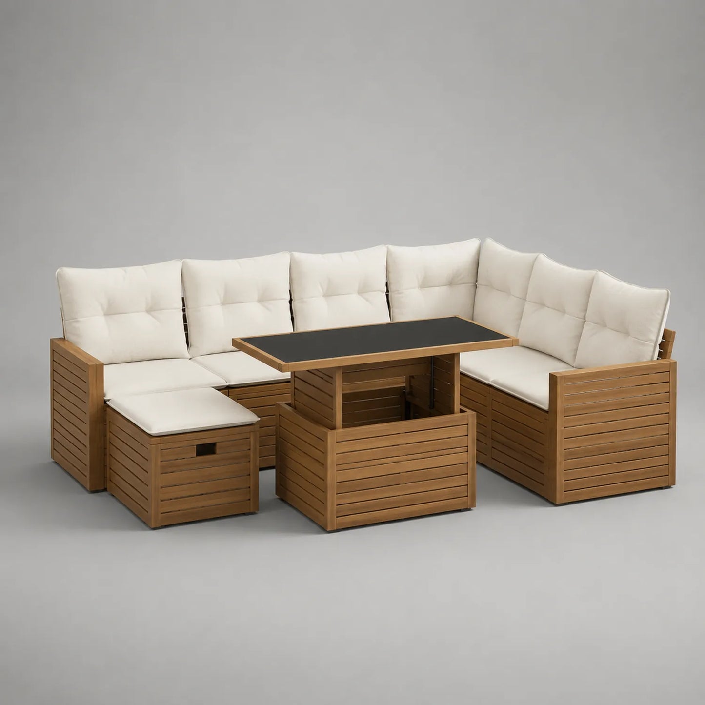Holz Ecksofa Set mit Cremefarbenen Kissen und Tisch