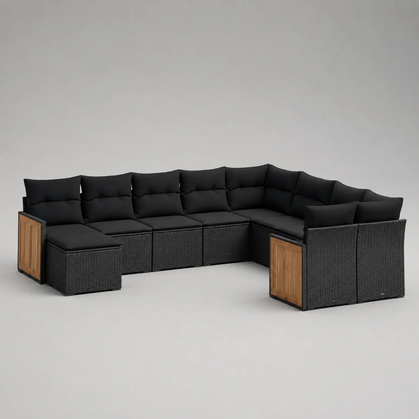 Modulares Garten-Ecksofa-Set aus Rattan und Holz in Schwarz