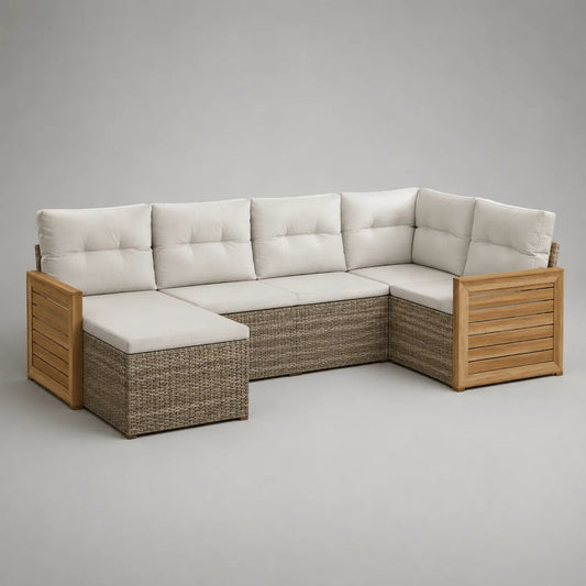 Ecksofa aus Rattan und Holz mit Beigen Kissen