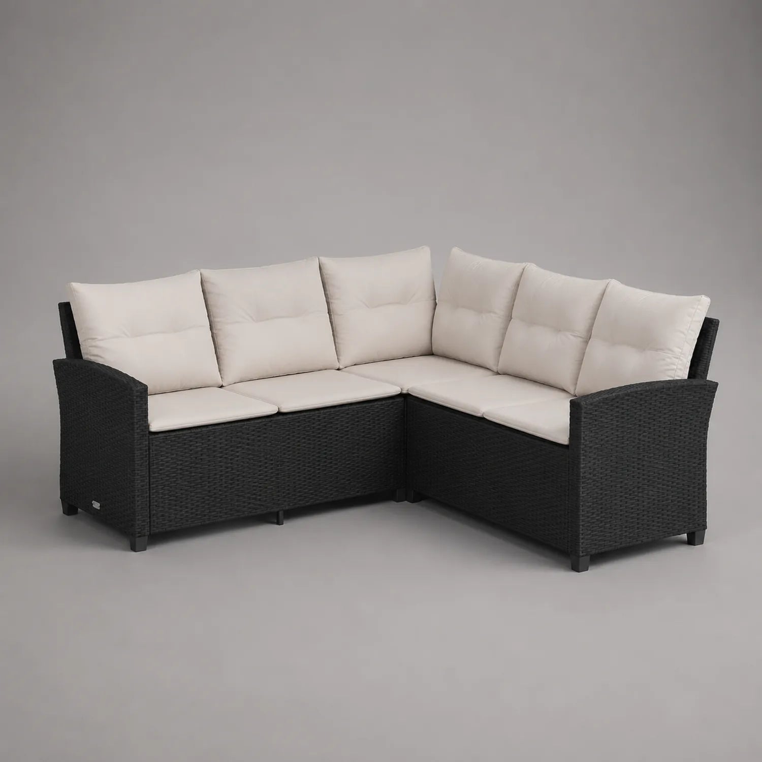 Ecksofa aus Polyrattan mit Stahlrahmen und Polyesterkissen, Schwarz und Cremeweiß