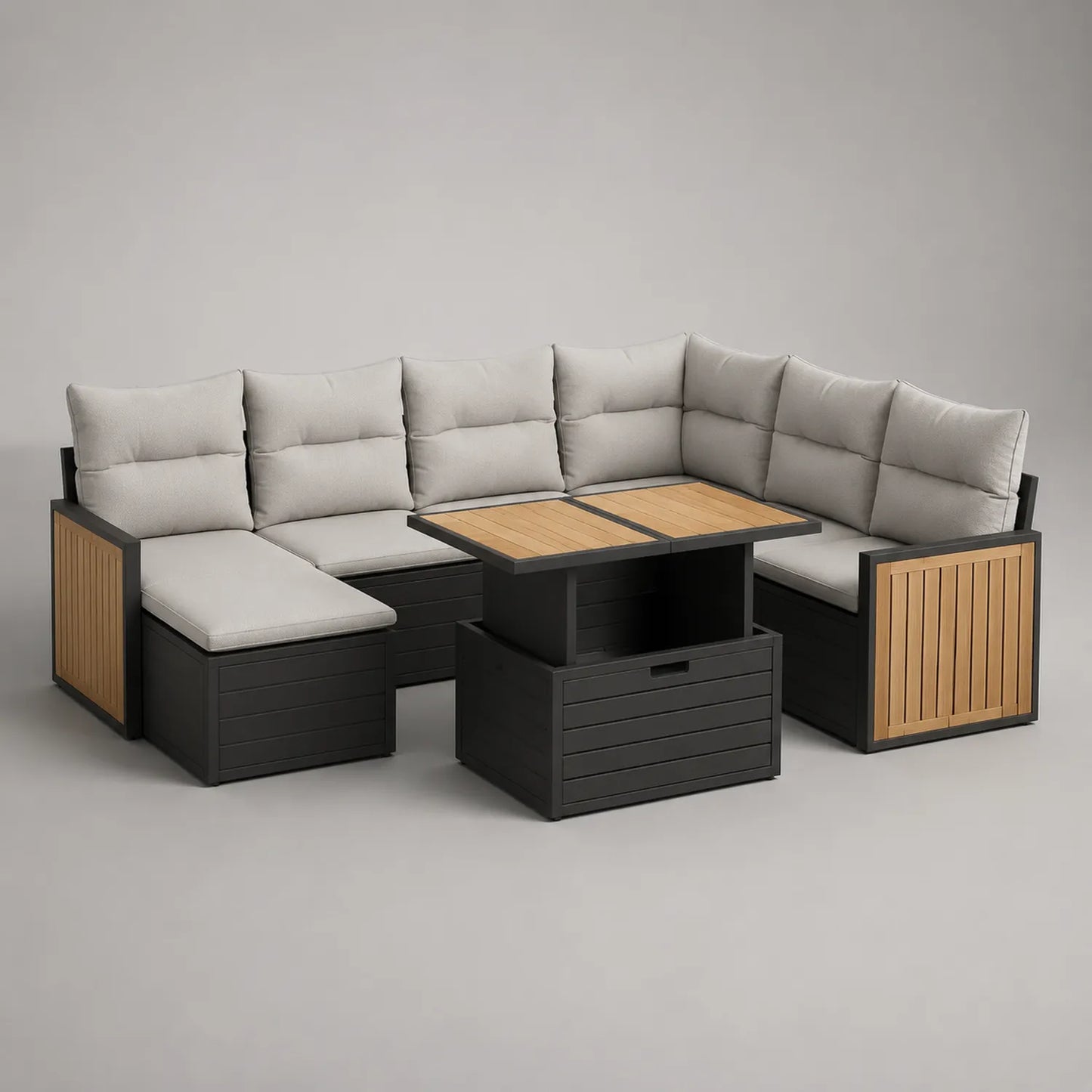L-förmiges Gartensofa-Set, Aluminium mit Eichenholz und Polyesterkissen