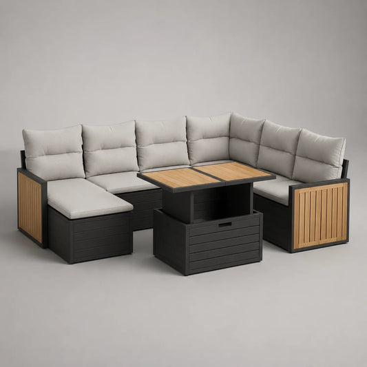 L-förmiges Gartensofa-Set, Aluminium mit Eichenholz und Polyesterkissen