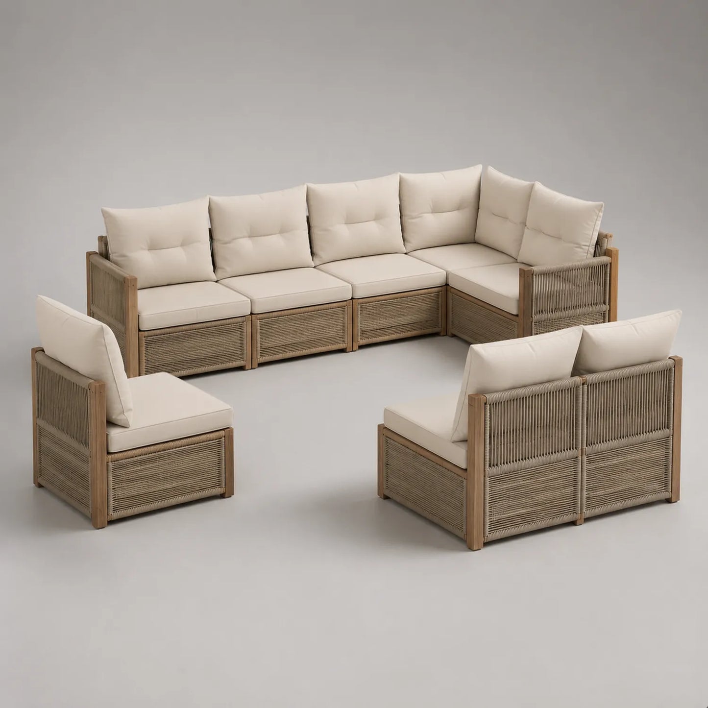 Modulares Gartensofa-Set aus Holz mit Polyesterkissen und Seil in Beige
