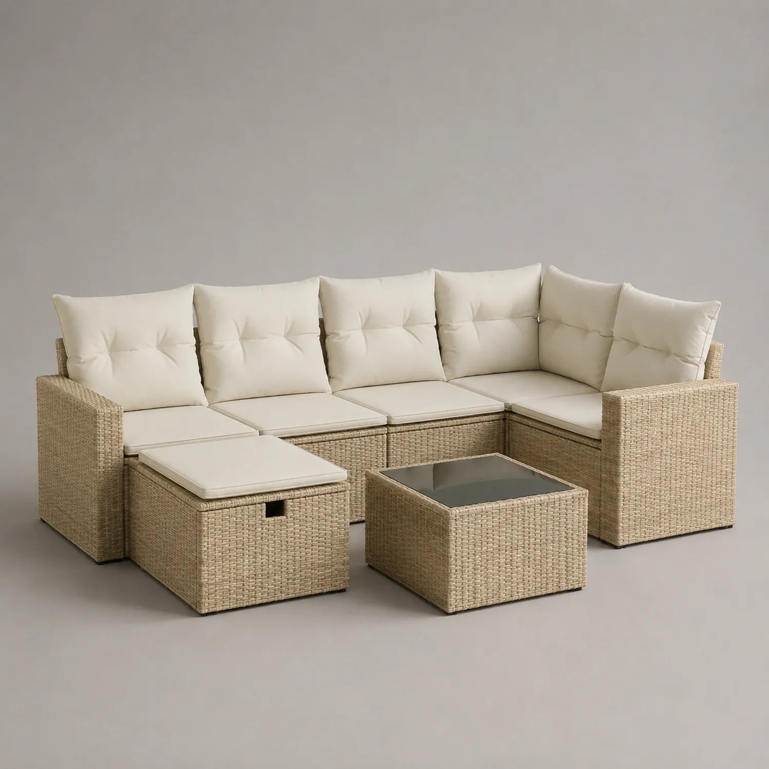 Polyrattan Ecksofa-Set mit Beigen Kissen und Glastisch