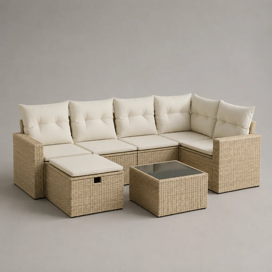 Polyrattan Ecksofa-Set mit Beigen Kissen und Glastisch