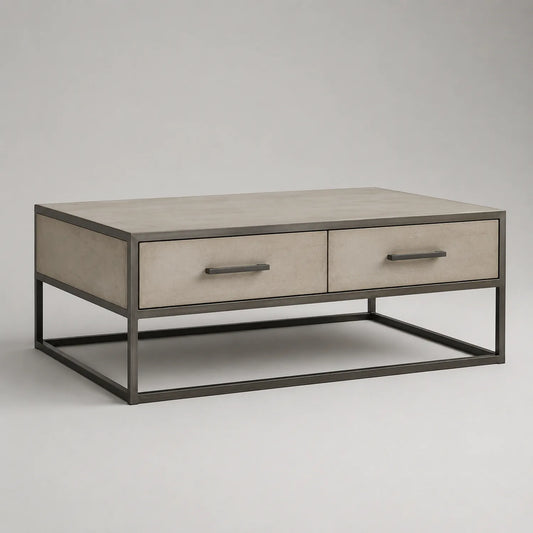 Rechteckiger Couchtisch mit zwei Schubladen aus Metall und MDF, Grau