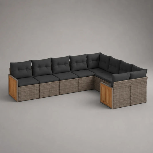 Modulares Gartensofa-Set aus Polyrattan mit Akazienholz Armlehnen, 7-Sitzer mit Kissen Anthrazit