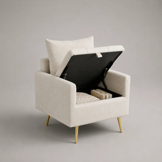 Beiger Sessel mit Stauraum und Metallbeinen