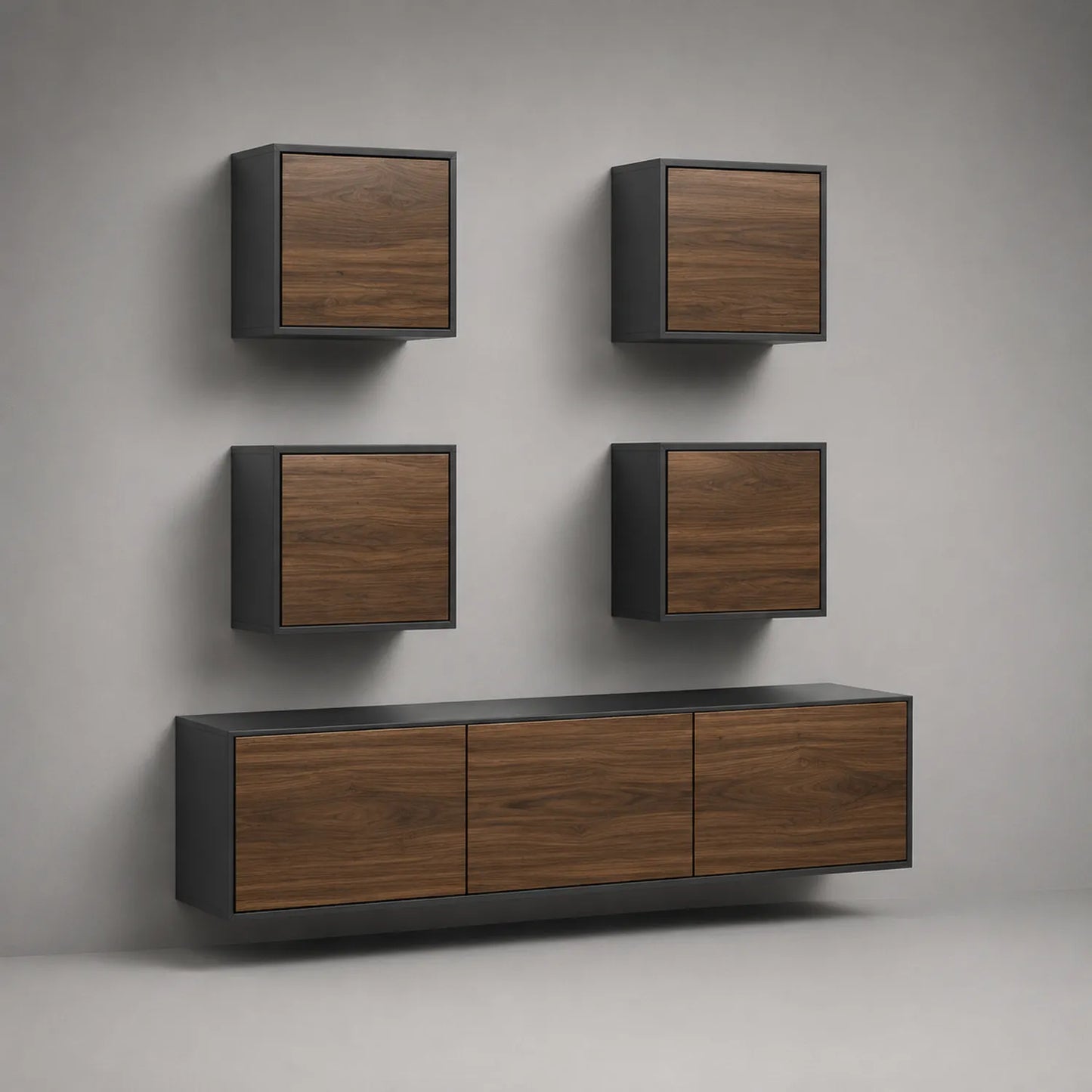 TV-Schrank-Set wandmontiert, Walnussfurnier und Schwarz, 5-teilig