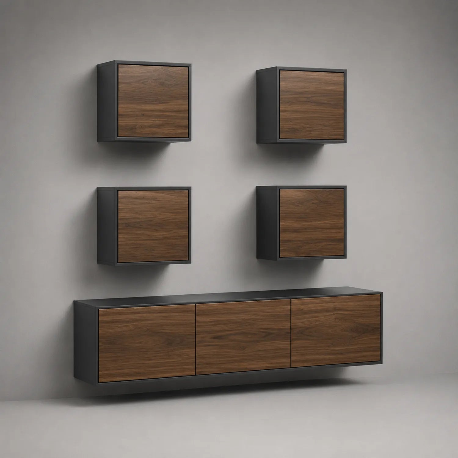 TV-Schrank-Set wandmontiert, Walnussfurnier und Schwarz, 5-teilig