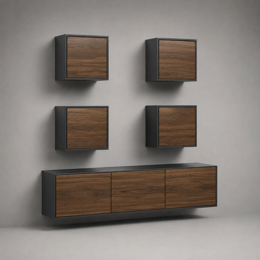 TV-Schrank-Set wandmontiert, Walnussfurnier und Schwarz, 5-teilig
