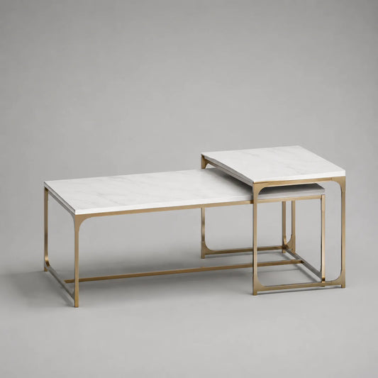 Marmor Couchtisch Set mit Metallrahmen Weiß/Gold 2-teilig