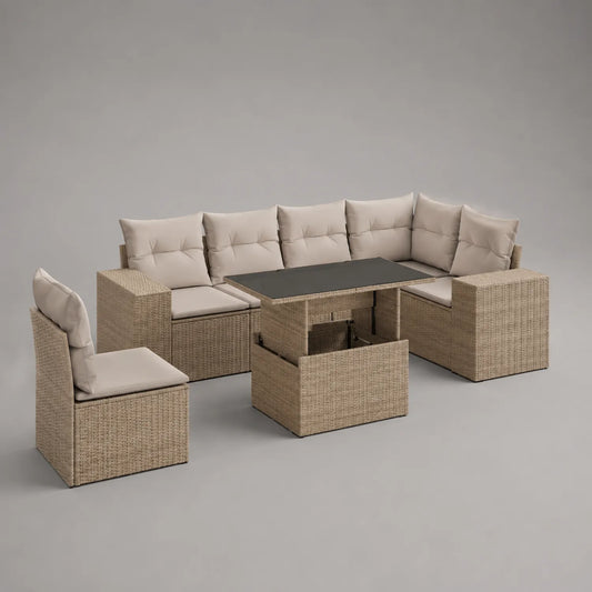 Rattan-Sitzgruppe mit Tisch und Glasplatte
