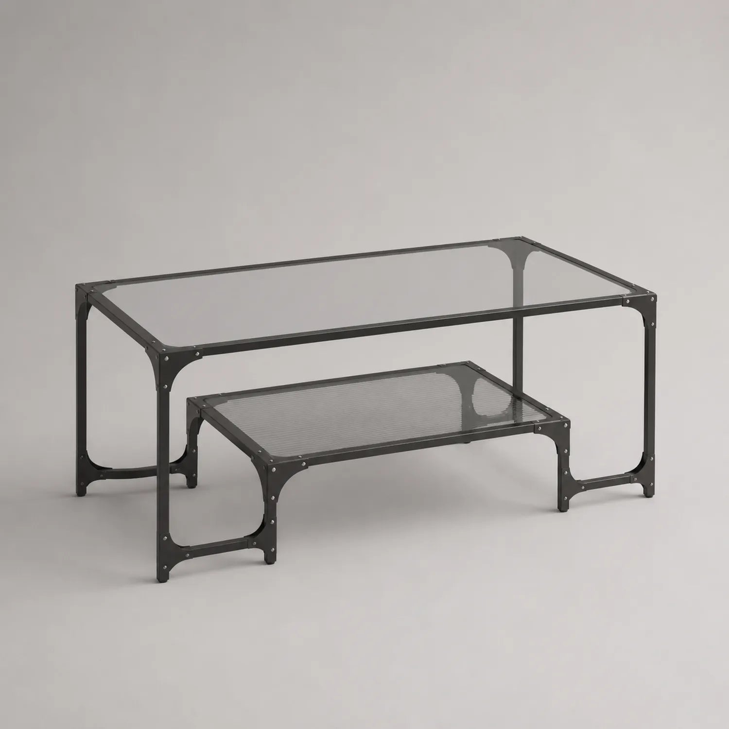 Nestbare Couchtische aus Metall und Glas, rechteckig, schwarz