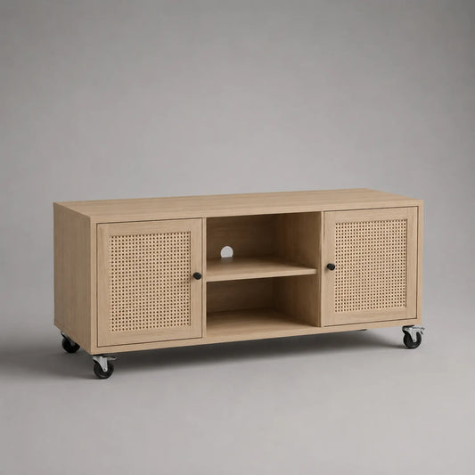 TV-Schrank aus Eichenholz und Rattan mit Rollen 120x40x55 cm natur