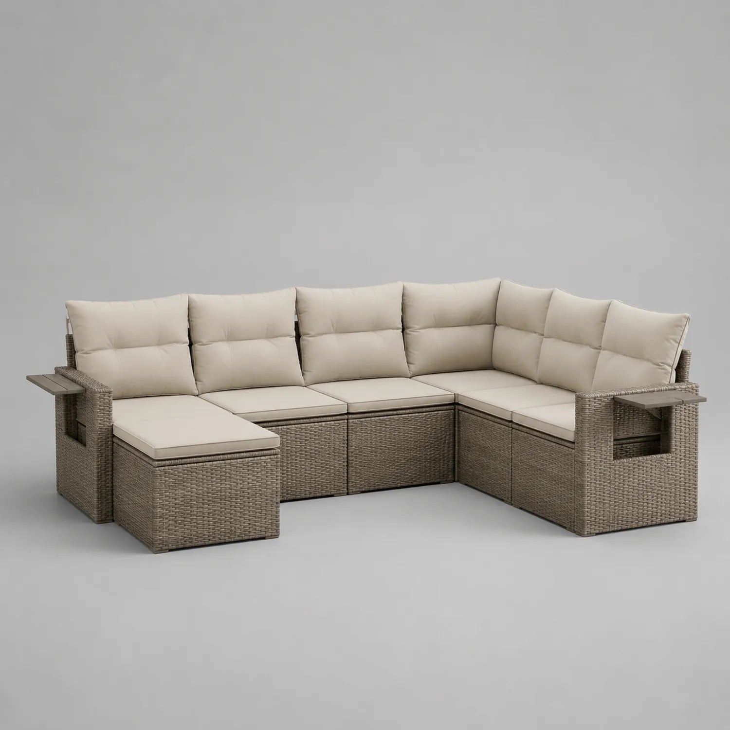 Rattan Ecksofa Set mit Beigen Kissen