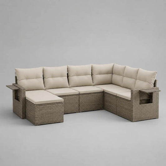 Rattan Ecksofa Set mit Beigen Kissen