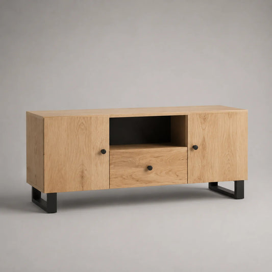 Eichenholz TV-Schrank mit Schwarzem Metallgestell 120x40x50cm