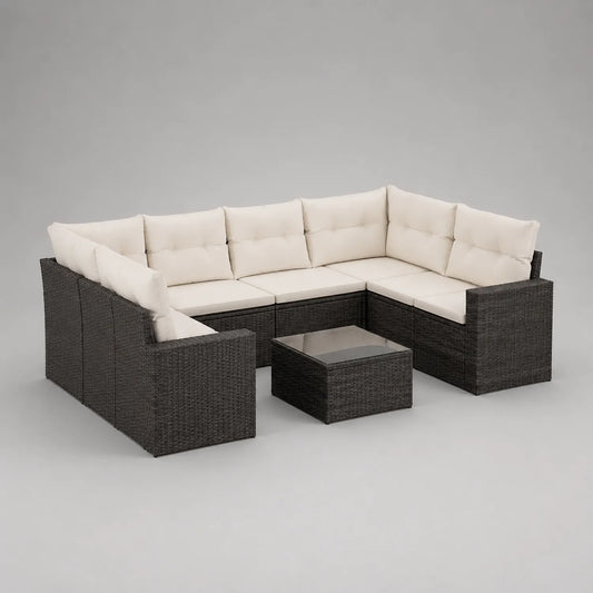 Gartensofa-Set aus Polyrattan mit Kissen Creme L-Form Hartglasplatte