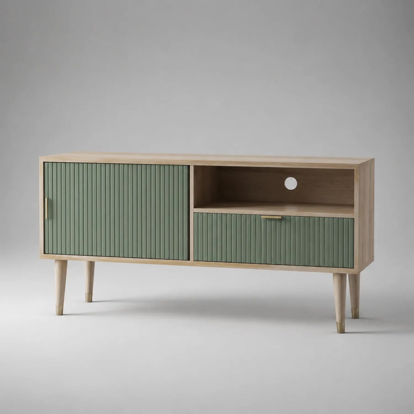 TV-Rack aus Eichenholz mit MDF-Fronten in Grün 120cm