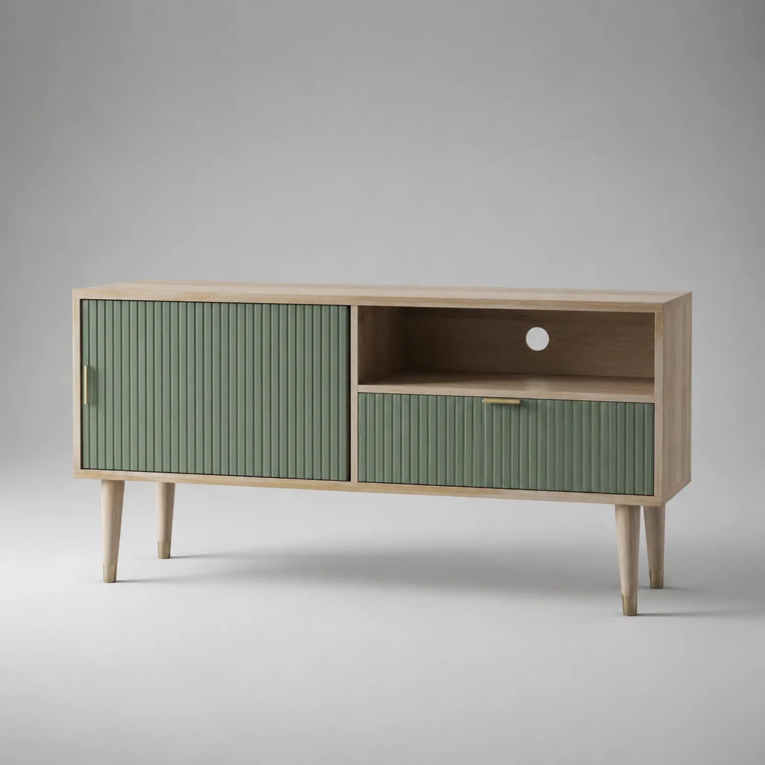 TV-Rack aus Eichenholz mit MDF-Fronten in Grün 120cm