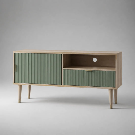 TV-Rack aus Eichenholz mit MDF-Fronten in Grün 120cm